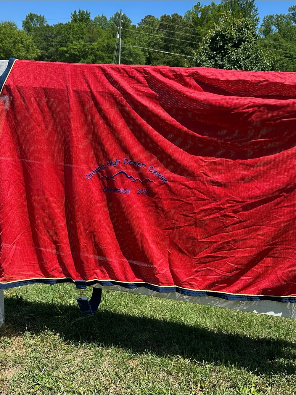 Red Horse Scrim Sheet/Show Sheet with Blue Embroidery and Piping Size 78